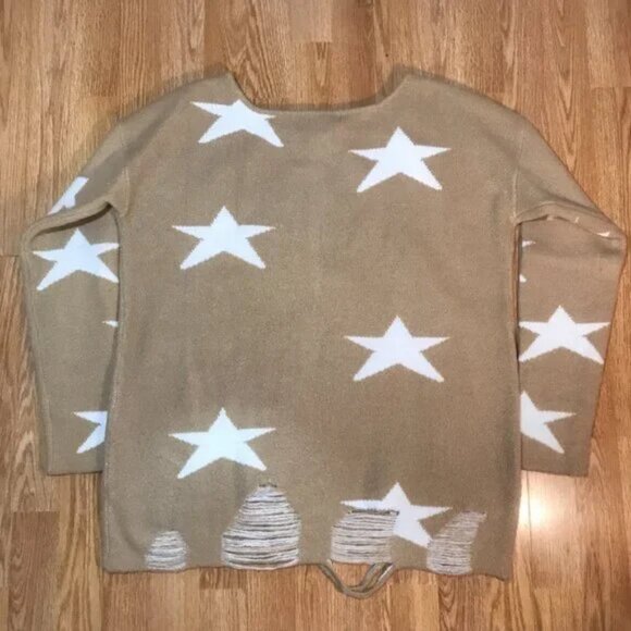 Fantastic Fawn Distressed Pullover Star Print Sweater White Stars Beachy Boho L - Picture 7 of 8